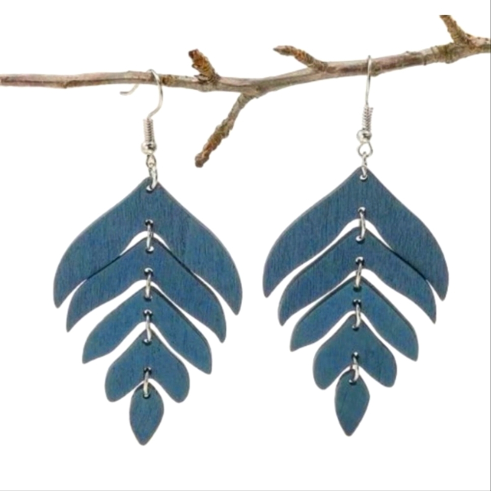 Blue - Leaf Feather Wooden Drop Geometric Earrings